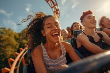 A group of people enjoying the thrill of a roller coaster ride, a fun and exciting experience for all ages