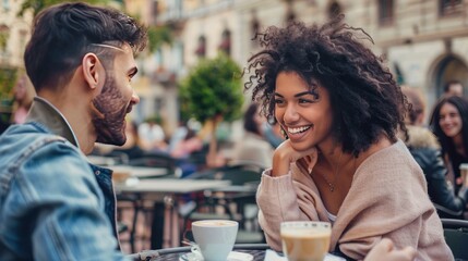 Happy young woman on a date with a handsome man at an outdoor cafe,