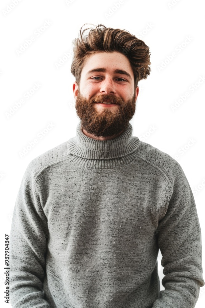 Poster a person wearing a sweater and beard, suitable for use in editorial or lifestyle content