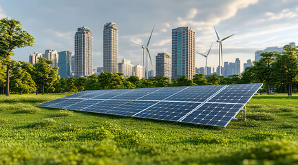 A solar panel farm stands in an open field with wind turbines and a city in the background, symbolizing the advancement of green energy and sustainable development. Beautiful green energy landscape.