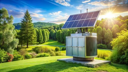 A futuristic solar-powered electrical transformer stands amidst a lush green landscape, symbolizing sustainable energy and eco-friendly technology in modern infrastructure development.