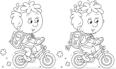 Funny little schoolchildren with their schoolbags merrily riding bicycles to school, black and white outline vector illustration for a coloring book