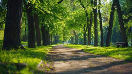 Pathway surrounded by trees in a peaceful park environment, perfect for outdoor scenery or nature-inspired designs