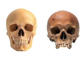 set of two human skulls front view isolated on white or transparent background