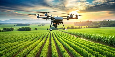 Agricultural innovation: Aerial drone flies over lush green fields, capturing high-tech data on crop growth and health to optimize farming yields and efficiency.