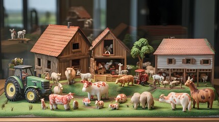 32. A toy farm set with animals, barns, and tractors displayed on a table
