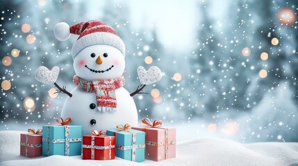 A cute, funny snowman with a wool hat and scarf is laughing. The concept embodies the cheerful and playful spirit of winter and Christmas. Generative AI.