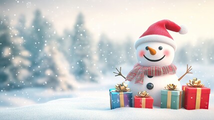 Fototapeta premium A cute, funny snowman with a wool hat and scarf is laughing. The concept embodies the cheerful and playful spirit of winter and Christmas. Generative AI.