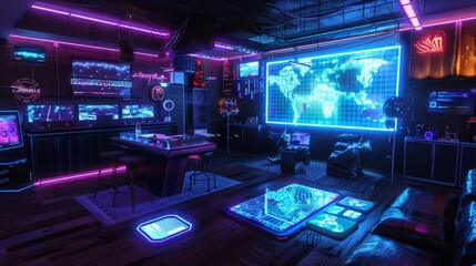 Obraz premium Cyberpunk Interior with Neon Lights and Futuristic Tech.