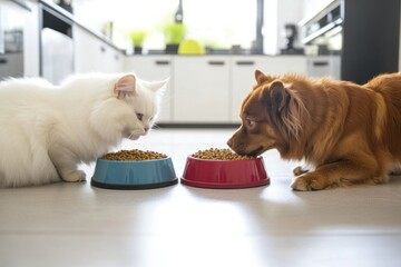 White Cat and Brown Dog Eating from Separate Bowls