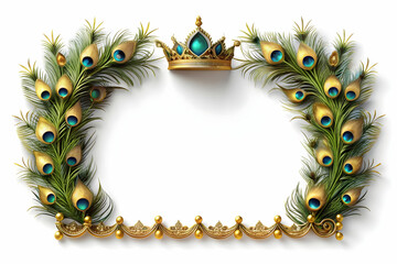 3D Peacock Feather and Crown Border Frame concept as Horizontal frame with a peacock feather on one side and a crown on the other creating an elegant and royal Dussehra themed copy space focusing on b
