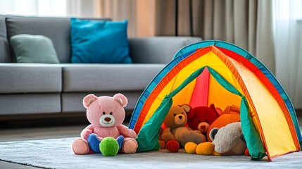Obraz premium 36. A colorful play tent set up in a living room with various plush toys inside