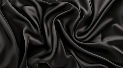 Fototapeta premium A top view of black satin fabric reveals a dark silk background with elegant folds, showcasing the smooth and luxurious texture of the material. The black satin is ideal for high-end fashion design, o