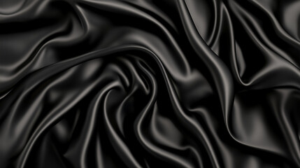 Obraz premium A top view of black satin fabric reveals a dark silk background with elegant folds, showcasing the smooth and luxurious texture of the material. The black satin is ideal for high-end fashion design, o