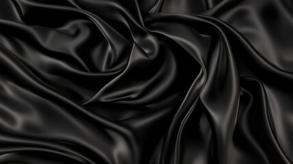 Obraz premium A top view of black satin fabric reveals a dark silk background with elegant folds, showcasing the smooth and luxurious texture of the material. The black satin is ideal for high-end fashion design, o