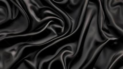 Obraz premium A top view of black satin fabric reveals a dark silk background with elegant folds, showcasing the smooth and luxurious texture of the material. The black satin is ideal for high-end fashion design, o