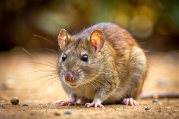 A large brown rat perches on a sandy surface, its beady eyes and pointed snout a testament to its notorious reputation as a urban pest species.