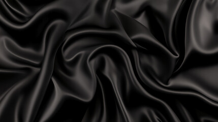 Obraz premium A top view of black satin fabric reveals a dark silk background with elegant folds, showcasing the smooth and luxurious texture of the material. The black satin is ideal for high-end fashion design, o