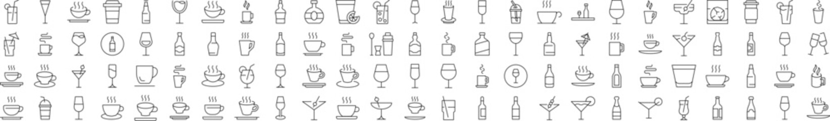 Coffee, Soft Drinks, Alcoholic Beverages Line Icon Collection. Editable Stroke. Minimalistic Linear Pictogram for Design of Cards, Apps, Banners, Posts