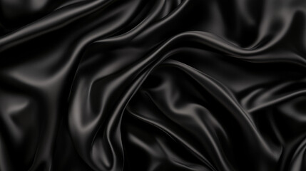 Fototapeta premium A top view of black satin fabric reveals a dark silk background with elegant folds, showcasing the smooth and luxurious texture of the material. The black satin is ideal for high-end fashion design, o