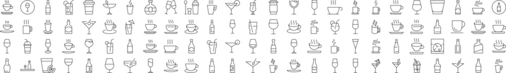 Coffee, Soft Drinks, Alcoholic Beverages Line Icon Pack. Editable Stroke. Minimalistic Linear Pictogram for Design of Cards, Apps, Banners, Posts