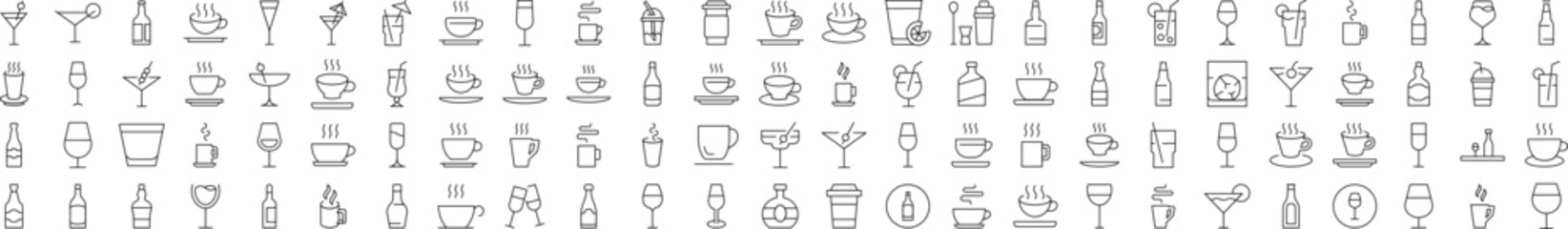 Set of Line Icons of Coffee, Soft Drinks, Alcoholic Beverages. Editable Stroke. Minimalistic Linear Pictogram for Design of Cards, Apps, Banners, Posts