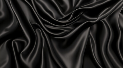 Fototapeta premium A top view of black satin fabric reveals a dark silk background with elegant folds, showcasing the smooth and luxurious texture of the material. The black satin is ideal for high-end fashion design, o