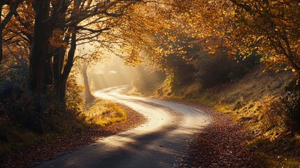 Obraz premium A country road winding through a hilly landscape, with trees on either side in full autumn colors. The road is covered in fallen leaves, and a soft golden light illuminates the scene.