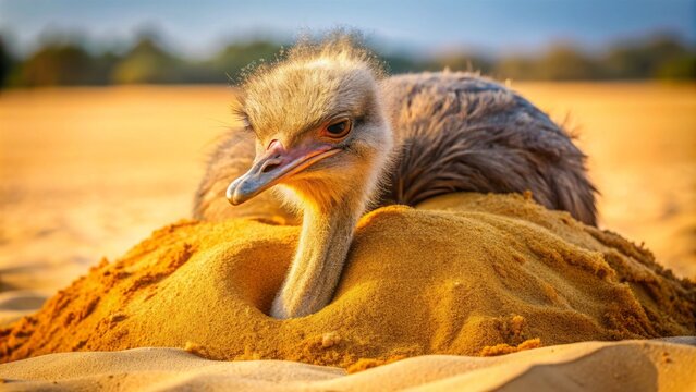 A large, fluffy ostrich buries its head deep into the warm, golden sand, oblivious to its surroundings, symbolizing avoidance and denial.