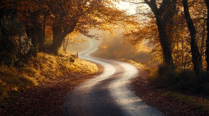 Naklejka premium A country road winding through a hilly landscape, with trees on either side in full autumn colors. The road is covered in fallen leaves, and a soft golden light illuminates the scene.