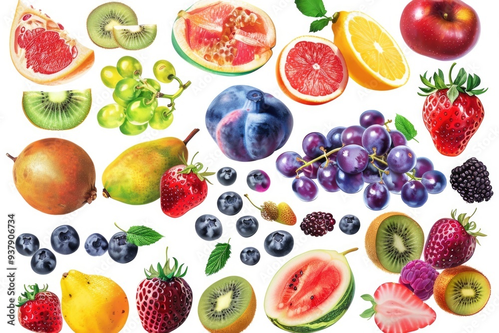 Poster a selection of colorful fruits arranged on a white surface