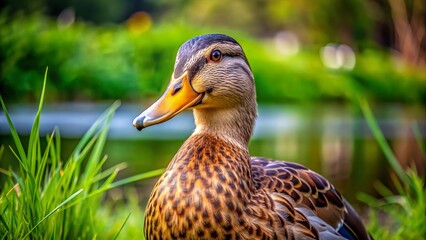 Fototapeta premium A majestic duck with mottled brown plumage and vibrant eyes gazes directly at the camera, standing amidst lush green grass near a serene body of water.