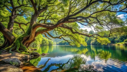 Fototapeta premium A majestic, gnarled tree leans precariously over a serene lake, its twisted branches stretching towards the calm water's edge, surrounded by lush green foliage.