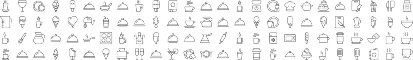Set of Food, Cooking and Kitchen Related Line Icons. Editable Stroke for Design, Web Sites, Apps, Cards. Contains Linear Images of Coffee, Tea, Ice Cream