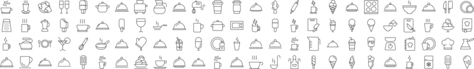 Food, Cooking and Kitchen Line Icon Bundle. Modern Collection for Design, Web Sites, Apps, Cards. Contains Linear Images of Coffee, Tea, Ice Cream