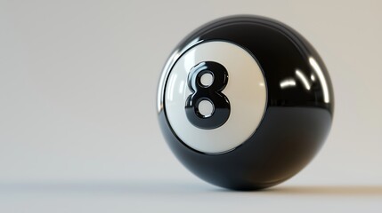 Black eight ball on white background, capturing the classic and simple design of a billiard ball with a sleek visual.