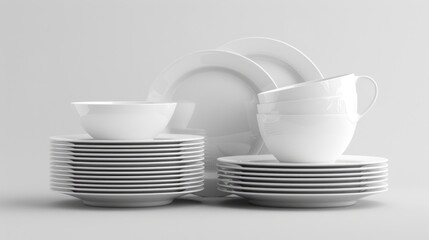 A collection of white plates and cups arranged neatly on a table, suitable for use in interior design or still life photography
