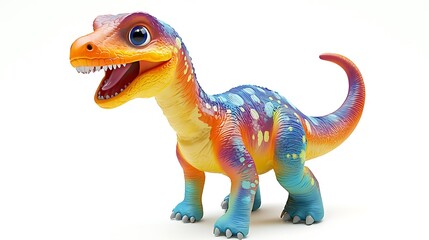 Fototapeta premium Cute cartoon dinosaur with bright colors, isolated on white background, blending playful imagery with vibrant colors in a fun visual.