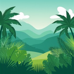 Tropical Forest Landscape with light green color flat vector design