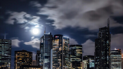 Bright Full Moon Above Urban Night Skyline with Dramatic Clouds