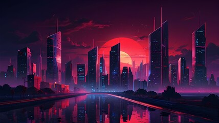 Fototapeta premium Synthwave style of a futuristic city, cityscape with neon lights and sky, red and purple colors.