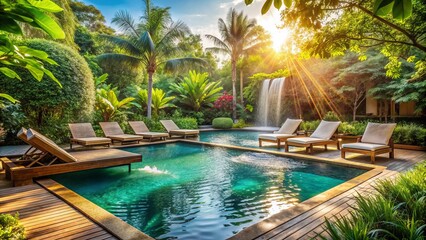 A playful splash of water in a sun-kissed pool, surrounded by lush greenery and comfortable lounge chairs.