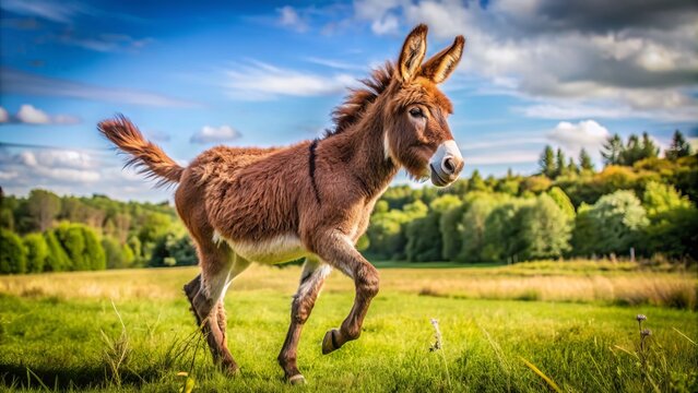 A playful brown donkey with a fuzzy mane and ears stands on a sunny meadow, lifting a leg as if preparing to kick in a joyful gesture.