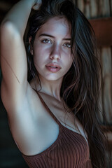 Fototapeta premium A woman with long brown hair poses for a picture. She is wearing a brown shirt and has a serious expression on her face