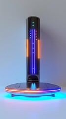 Futuristic Wireless Router with Sleek Design and Glowing Indicators on White Background  Technology Concept