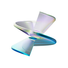 3d glass flying glass product holographic effect isolated on dark background. Render transparent glass cosmetic or award pedestal, disk stage with iridescent gradient 