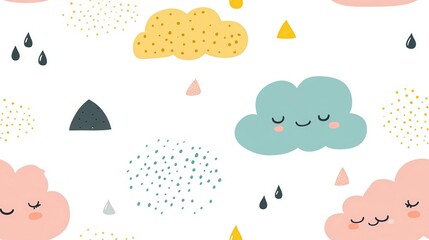 seamless pattern, A whimsical pattern of smiling clouds and geometric shapes in soft pastel colors, perfect for children's decor or playful designs.