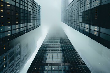Foggy day in New York City, skyscrapers with glass facades, cloudy sky, gray color scheme, skyscraper architecture