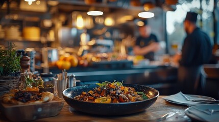 Obraz premium A cozy farm-to-table restaurant setting, with a table full of autumn-inspired dishes made from locally sourced ingredients. The background shows an open kitchen with chefs at work.