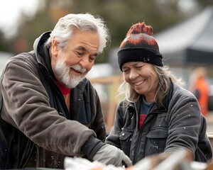 Fototapeta premium Elderly Couple Volunteering at Community Event Helping Others with Smiles and Engaged Gestures